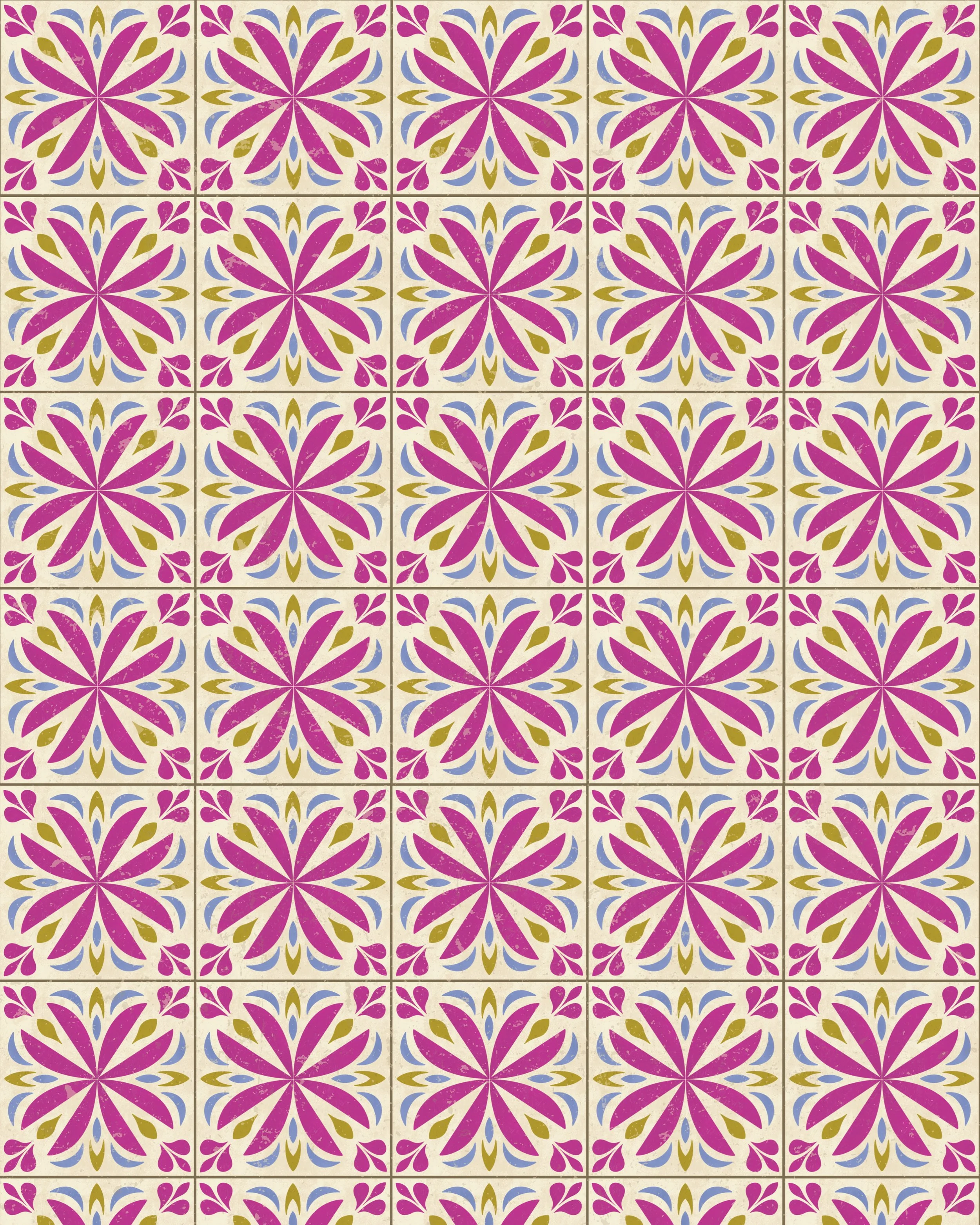 Pattern of colorful decorative tiles, featuring a symmetrical floral design with pink petals, blue accents, and olive green and purple details on a beige background.