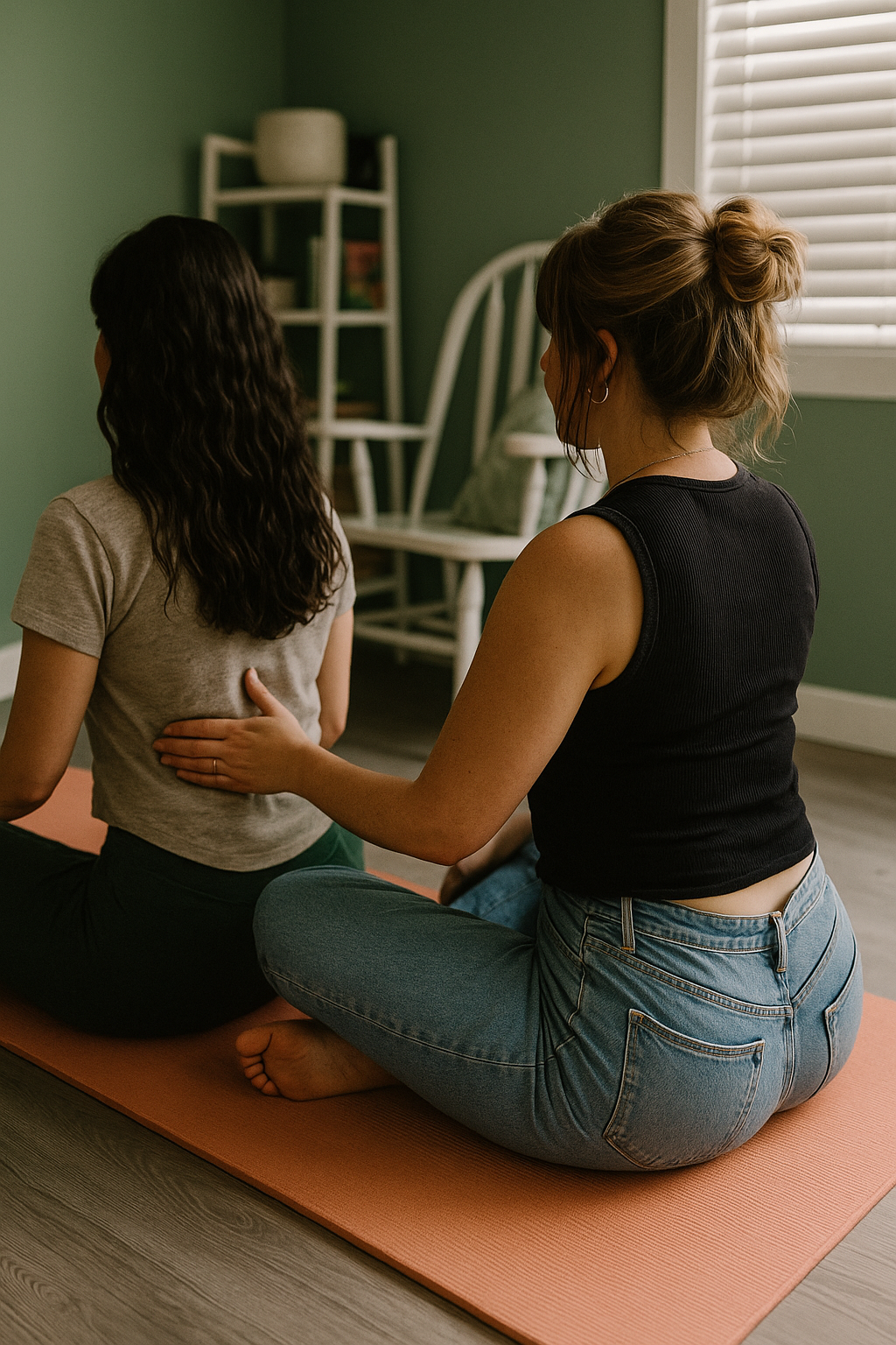 A woman in a black tank top and jeans practicing yoga with a young girl in a gray T-shirt, sitting on an orange yoga mat in a room with green walls and white blinds.