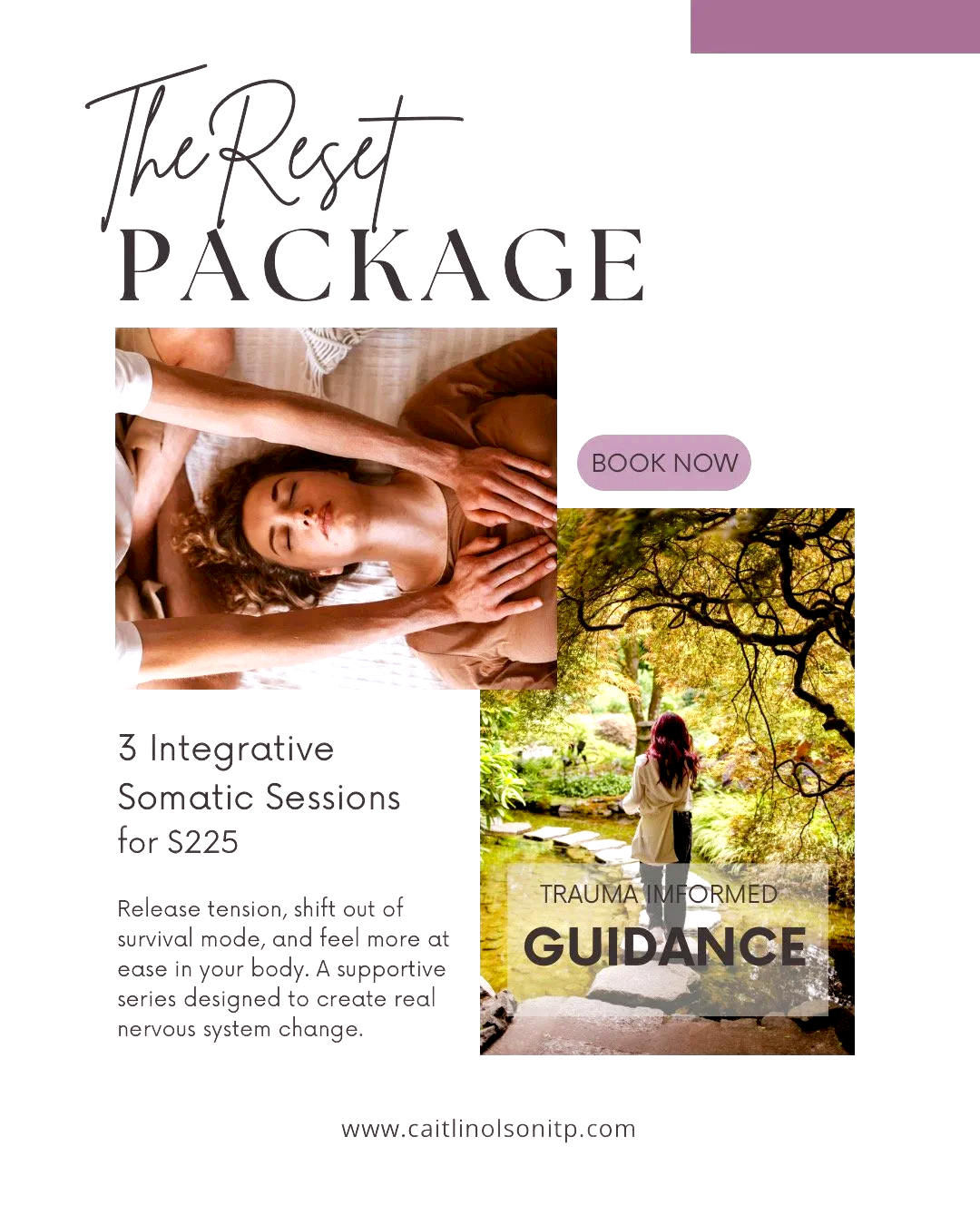 An advertisement for The Rest Package with a photo of a woman receiving a massage, an outdoor scene of a person walking by a stream surrounded by trees, and text promoting three integrative somatic sessions for $225 to release tension and create nervous system change.