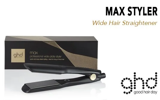 Box and black flat iron hair straightener labeled MAX STYLER Wide Hair Straightener by ghd, with product name and brand logo.