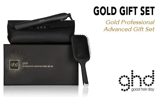Gold professional advanced hair styling gift set including a curling iron, a round brush, and a box labeled 'ghd good hair day'.