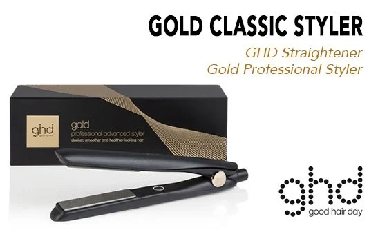 A black GHD Gold Classic Styler hair straightener with gold accents, placed in front of its black and gold box packaging.