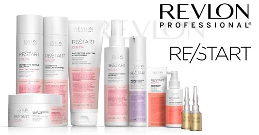 Revlon Professional Re/Start hair care and color product bottles and containers on a white background.