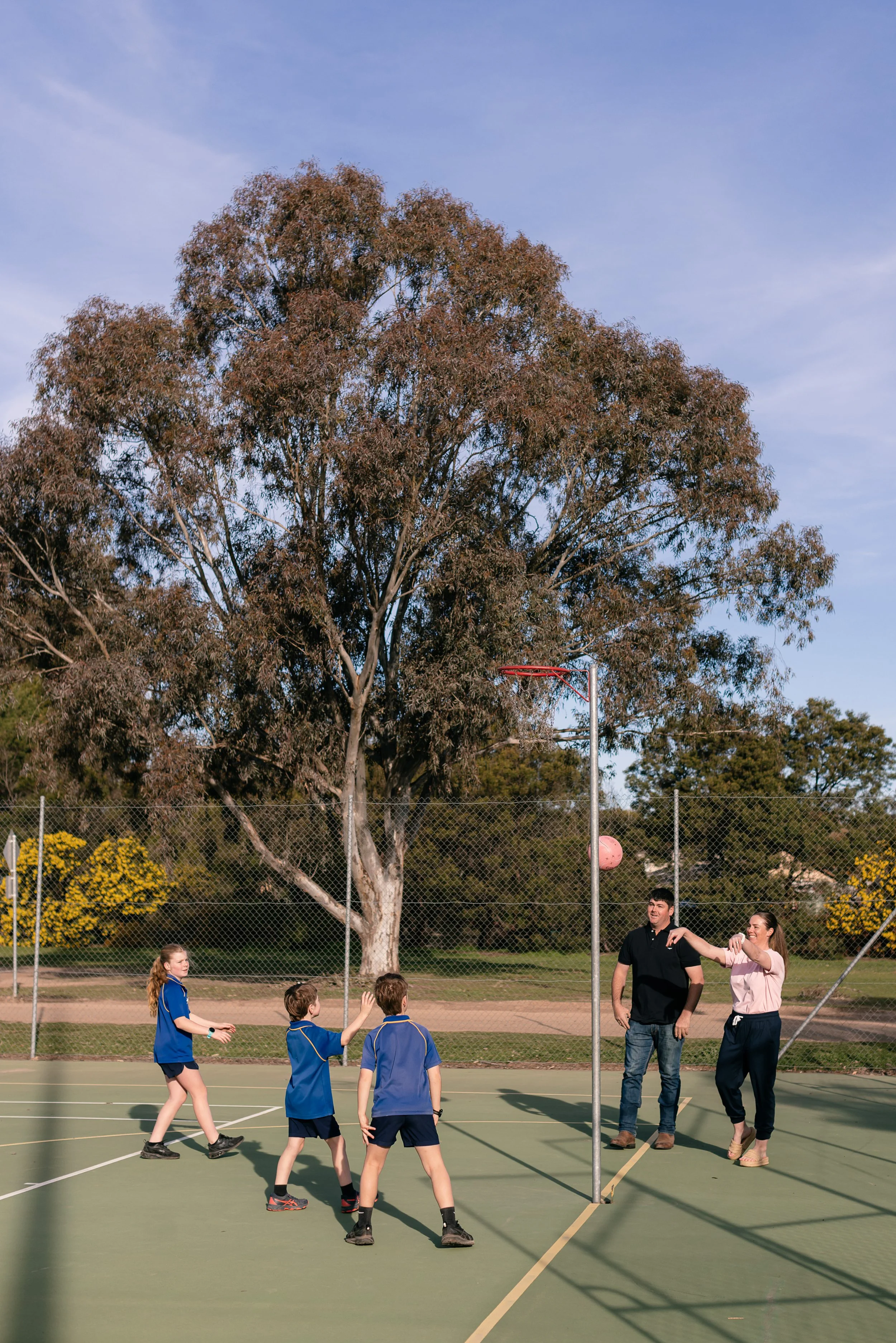 Kids playing basketball on an outdoor court with two adults, under a large tree, during daytime.