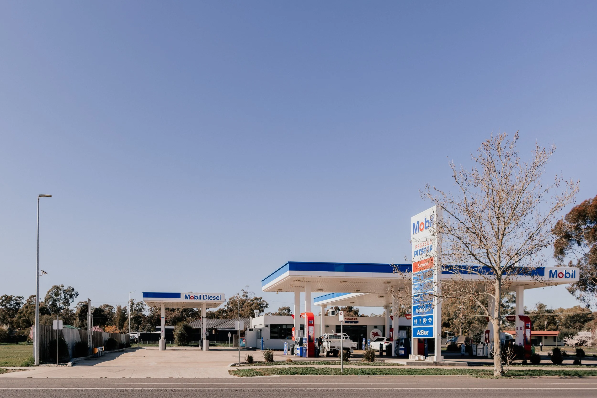 A Mobil gas station with multiple fuel pumps, a sign displaying fuel options like Mobil Diesel and Mobil, and trees on a clear day.