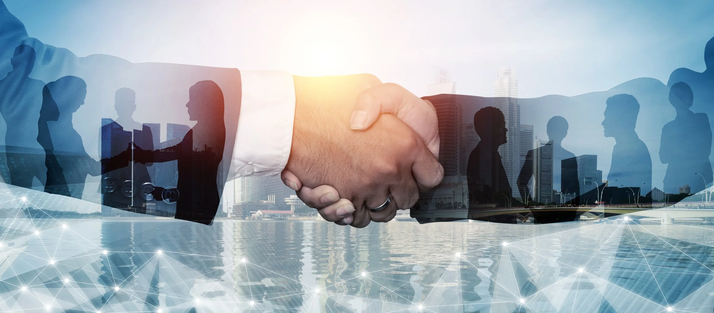 Abstract image of many business people together in group on background of city view with office building showing partnership success of business deal. Concept of employee teamwork, trust and agreement by Gestaldt