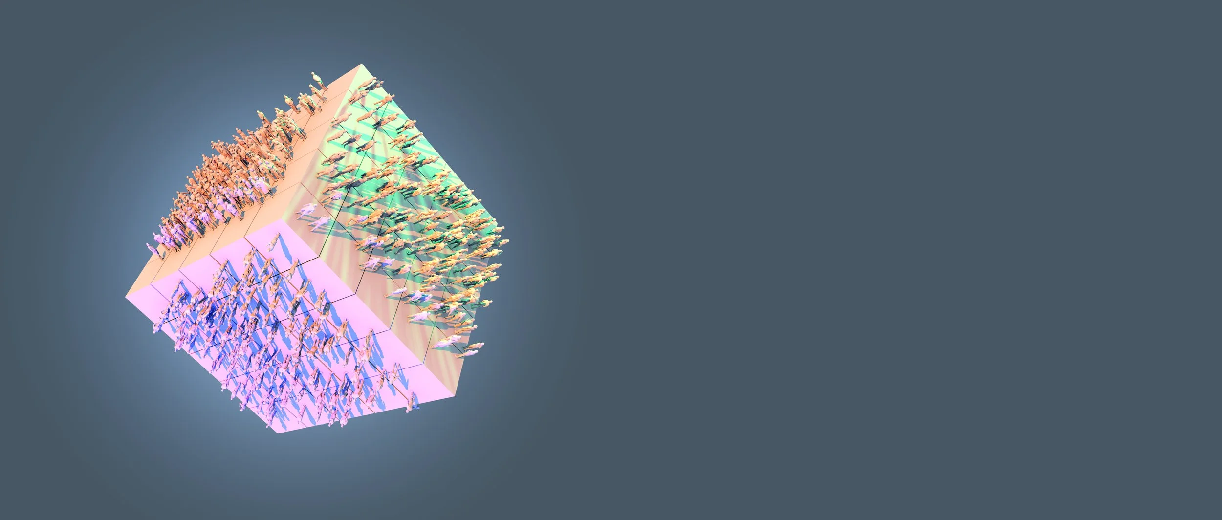 3D illustration of virtual geometric form with crowd people standing each side business technology and disruption ideas concept blue background by Gestaldt