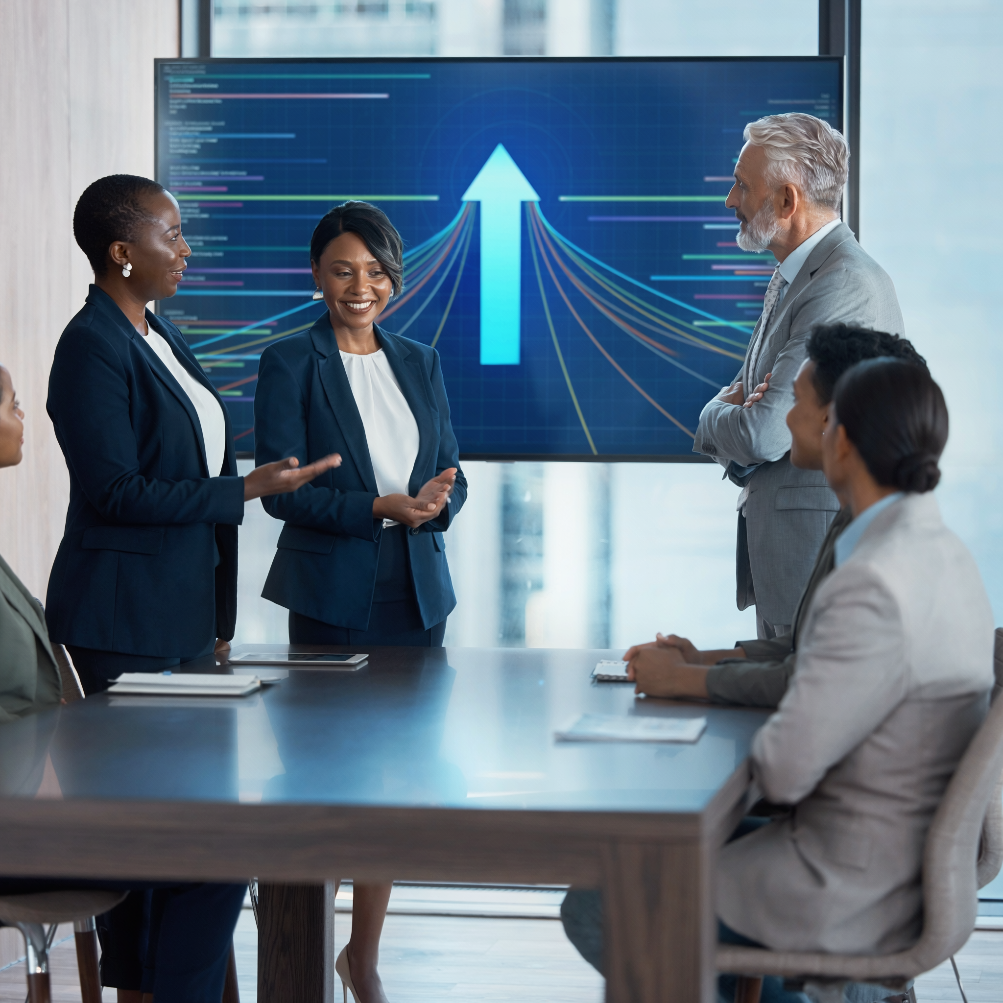 A diverse group of Black and white C-suite leaders in a modern boardroom, with a visual showing multiple transformation initiatives converging on a single strategic roadmap by Gestaldt.