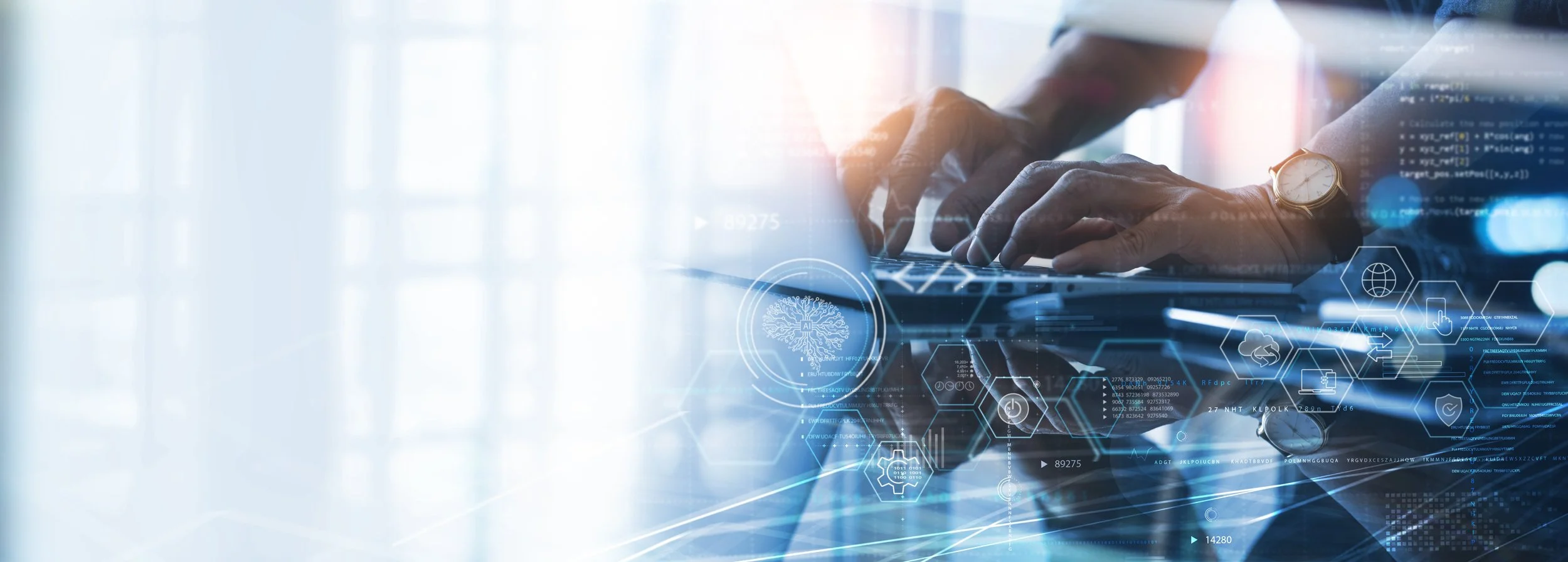 Data processing, digital technology, software development concept. Computer programmer, software engineer working on laptop with data exchange code, Ai Aritificial intelligence by Gestaldt