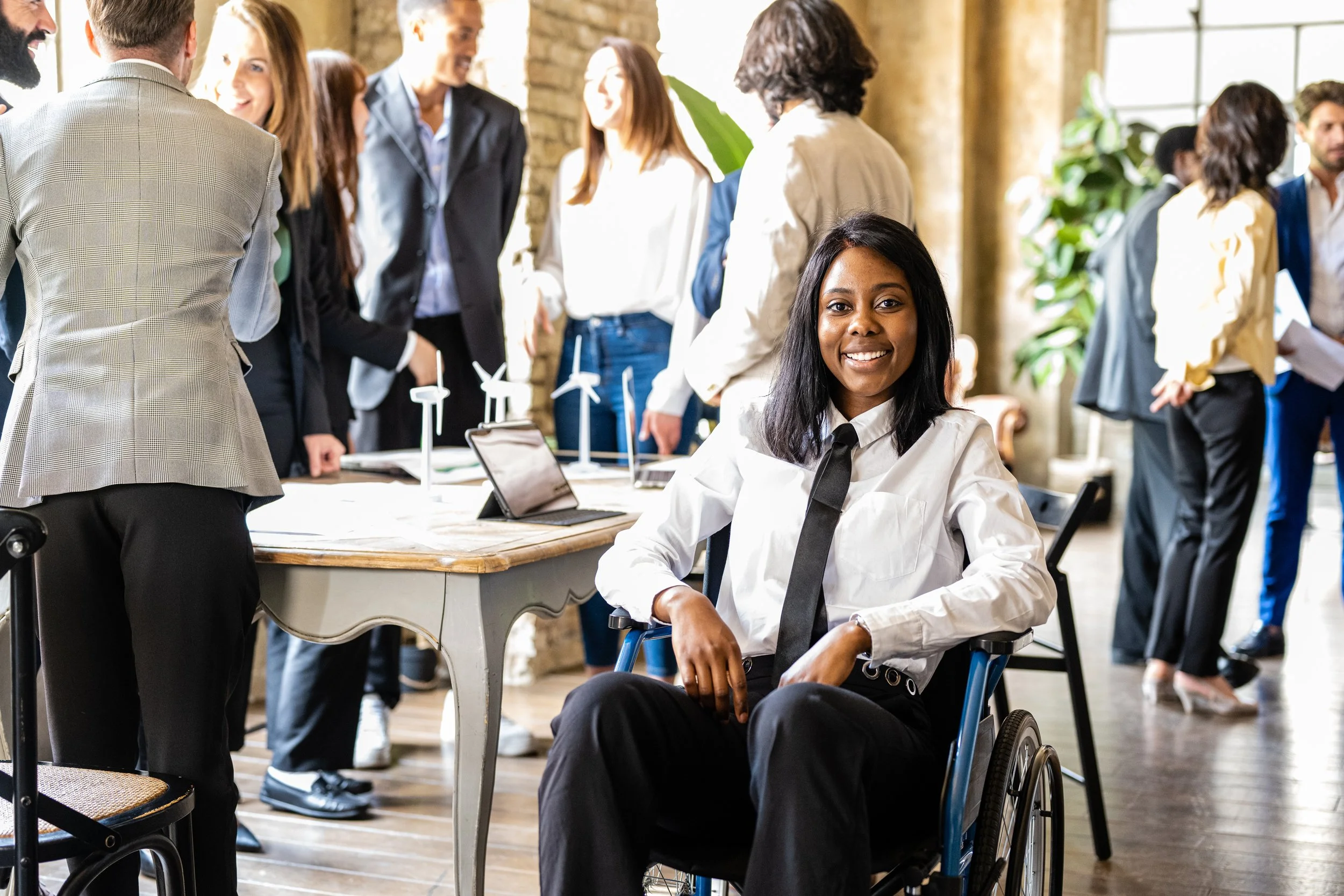 Young South African business woman on wheelchair smiling and looking at the camera, diversity and social inclusion concept, working to solve environmental issues by Gestaldt