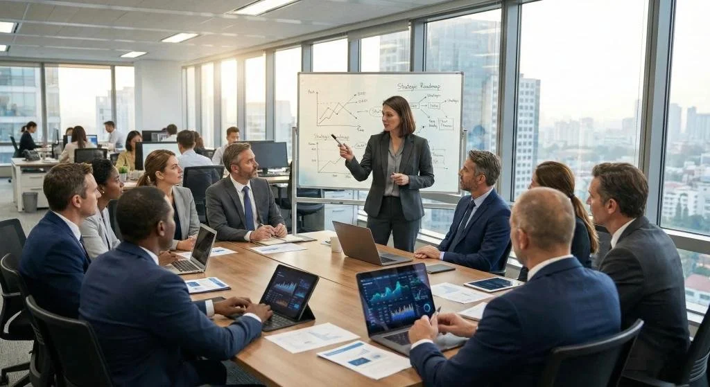 Diverse Black and white executive leadership team discussing strategic priorities around a shared roadmap, illustrating executive alignment, constructive challenge, and collective strategy execution by Gestaldt