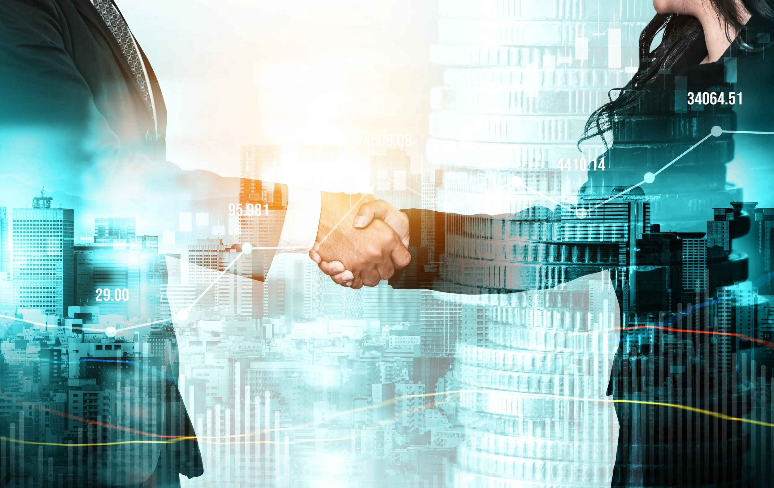 Business handshake on finance prosperity and money technology asset background . Economy and financial growth by investment in valuable stock market to gain wealth profit form currency trading by Gestaldt