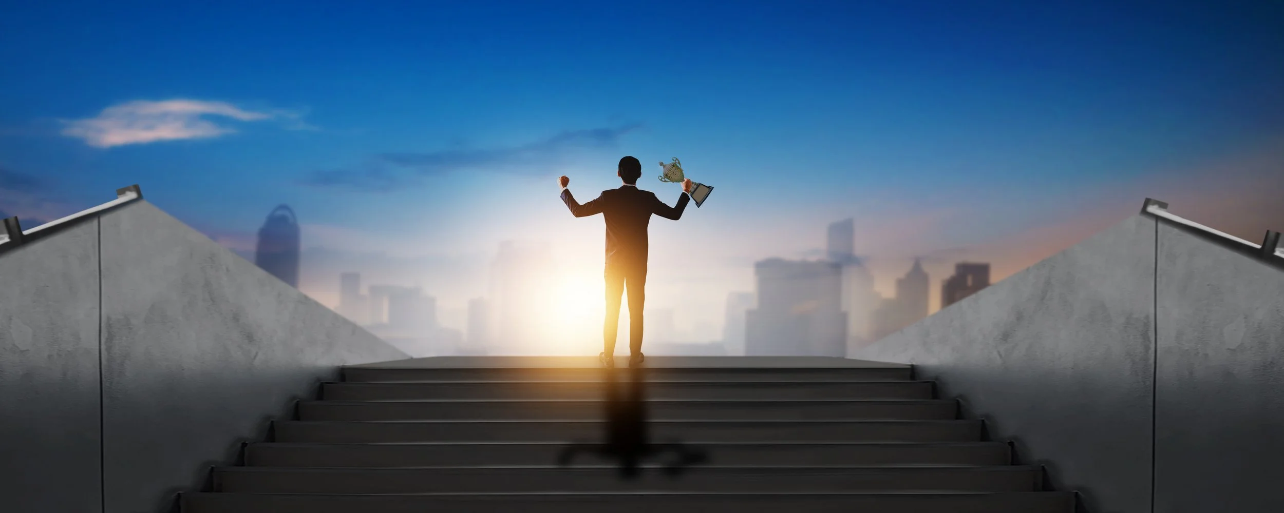 success businessman winner holding award, champion, victory and prize on stair with city background by gestaldt