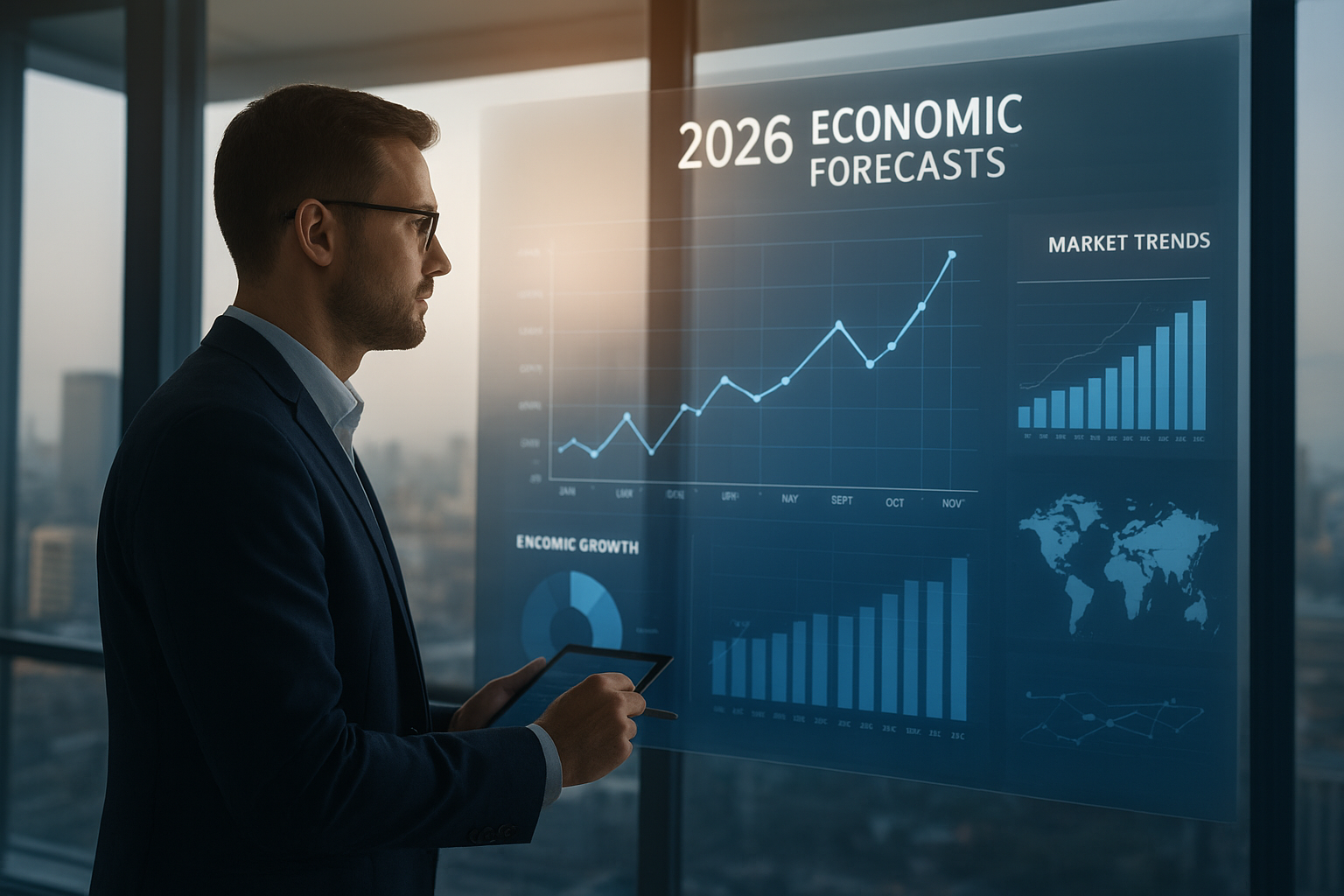 Business leader analysing 2026 economic forecasts and market trends on a digital dashboard_gestaldt