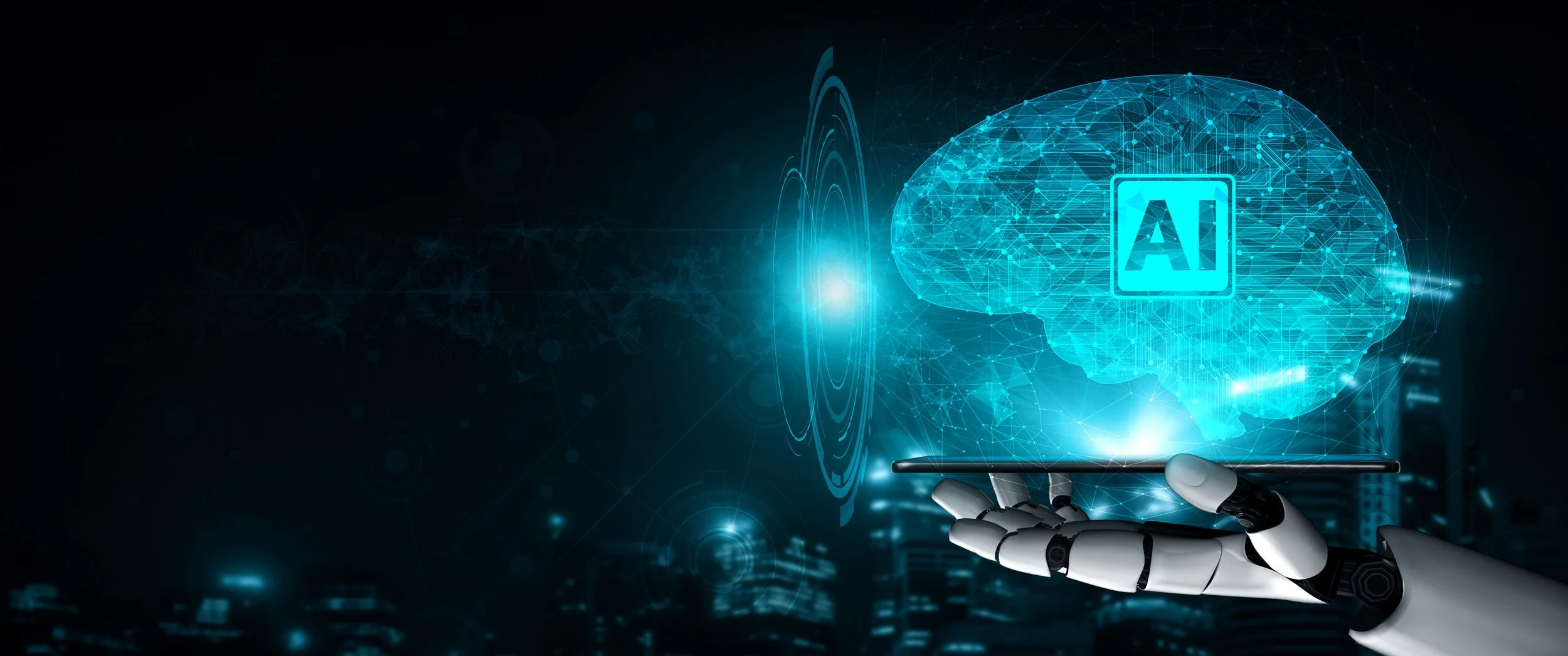 3D rendering artificial intelligence AI research of robot and cyborg development for future of people living. Digital data mining and machine learning technology design for computer brain by Gestaldt