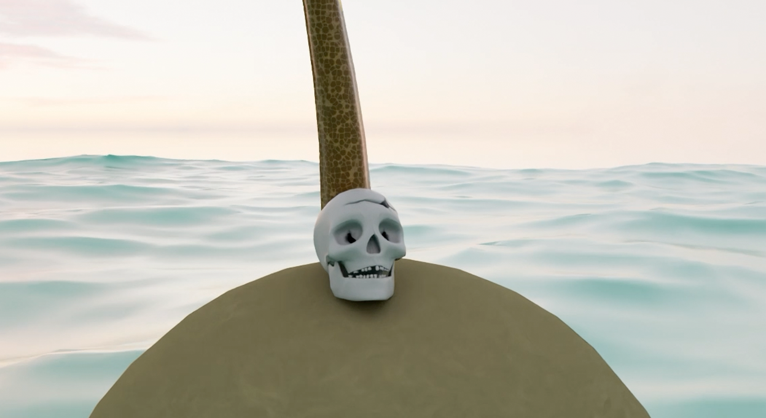 A skull figurine on the bow of a boat with a paddle in the water, with the ocean and sky in the background.
