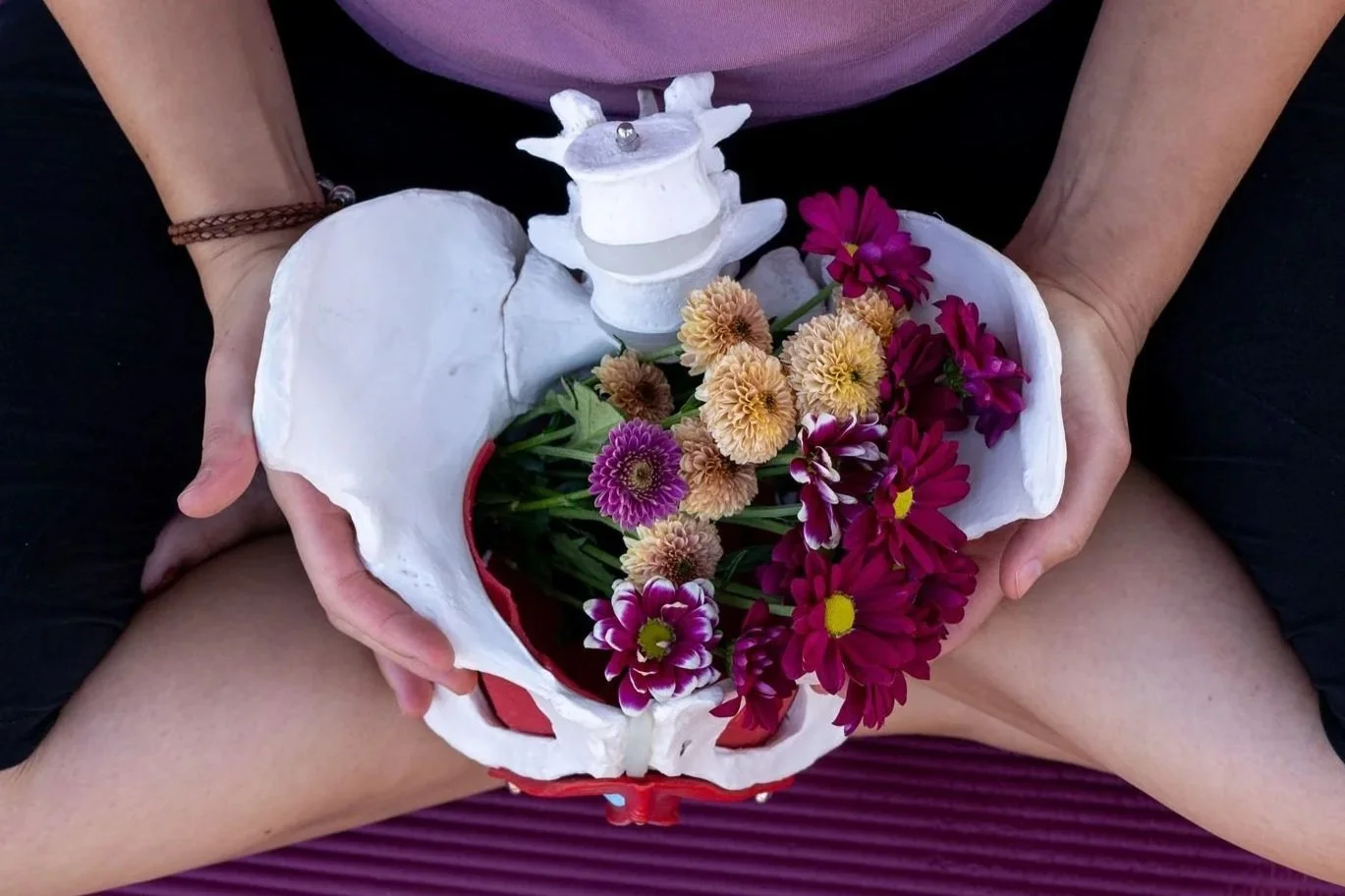 Person sitting cross-legged holding a human pelvis model filled with colorful flowers, with a small sculpture of a dog on top of the model.