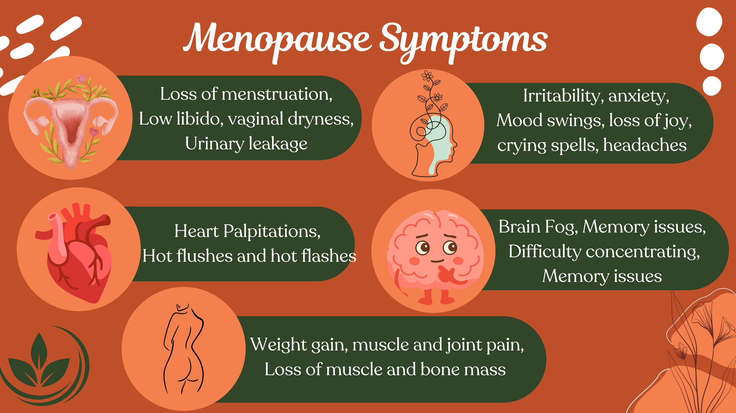 Chart listing menopause symptoms with icons. Symptoms include loss of menstruation, low libido, vaginal dryness, urinary leakage, irritability, anxiety, mood swings, loss of joy, crying spells, headaches, heart palpitations, hot flushes, hot flashes, brain fog, memory issues, difficulty concentrating, weight gain, muscle and joint pain, loss of muscle and bone mass.