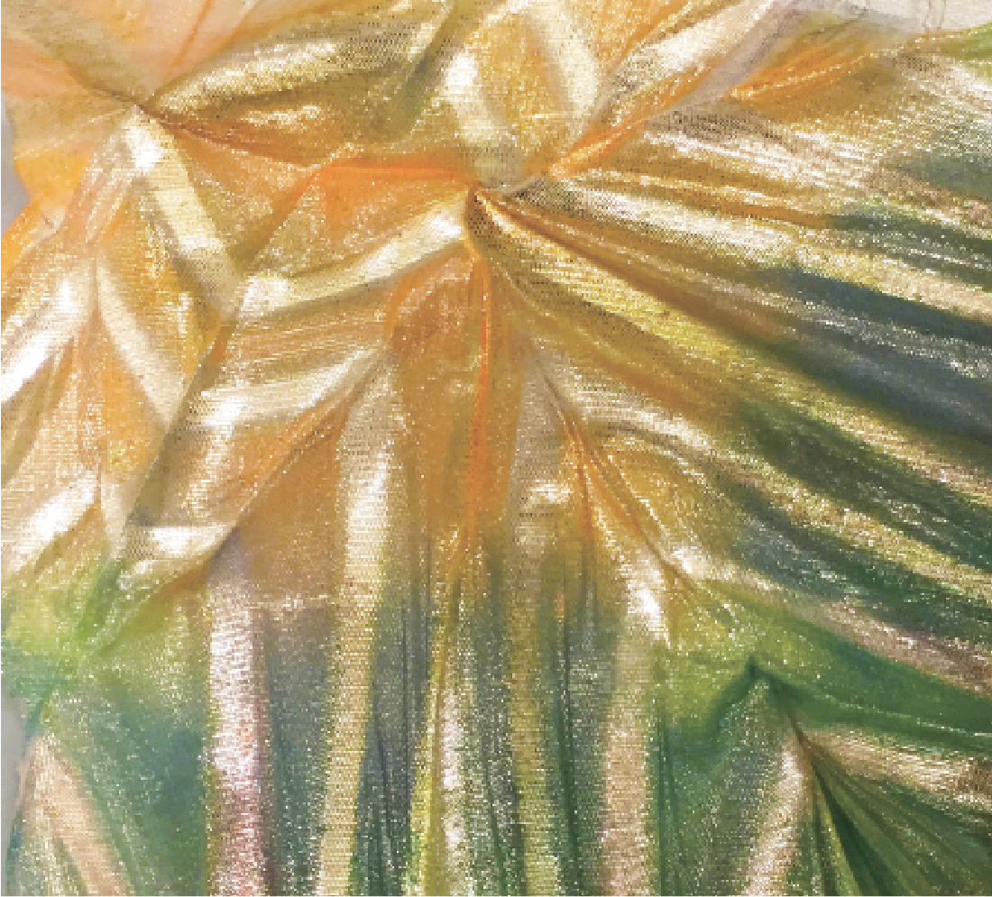 Tropical_002, 15x15 cm, Tie dyeing, metallic effect, scouring, 100% silk