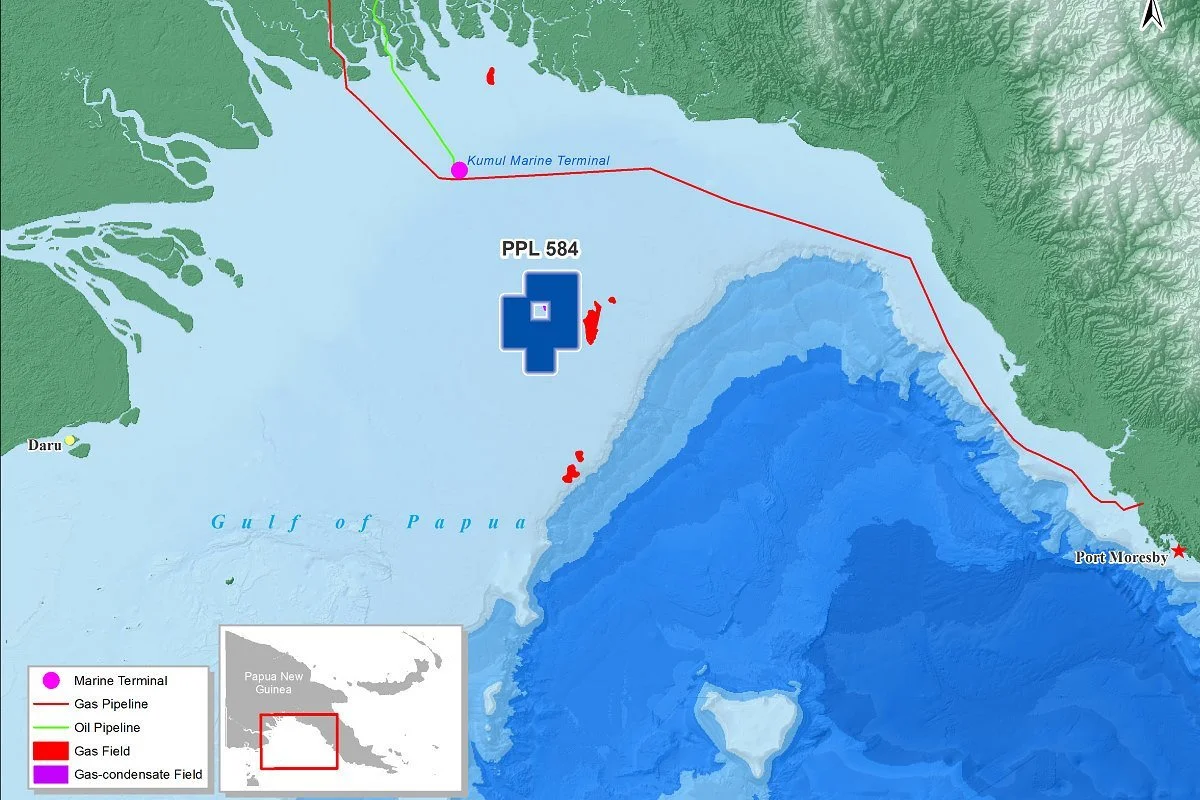 Map of Papua New Guinea's coastal area showing marine terminal, gas pipeline, oil pipeline, gas field, and gas-condensate field with nearby islands and geographic features.