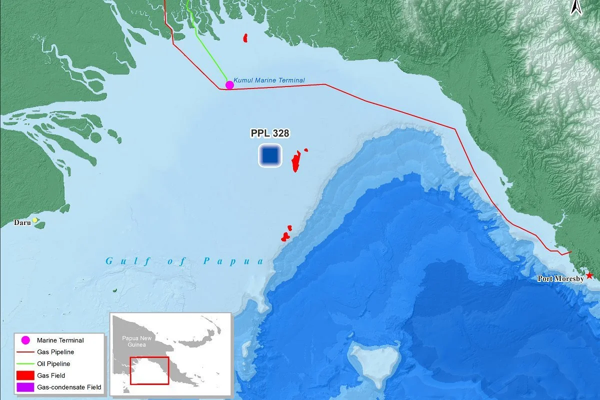 Map of Papua New Guinea showing oil pipelines, gas fields, a marine terminal near Kumul, and the Port Moresby area.