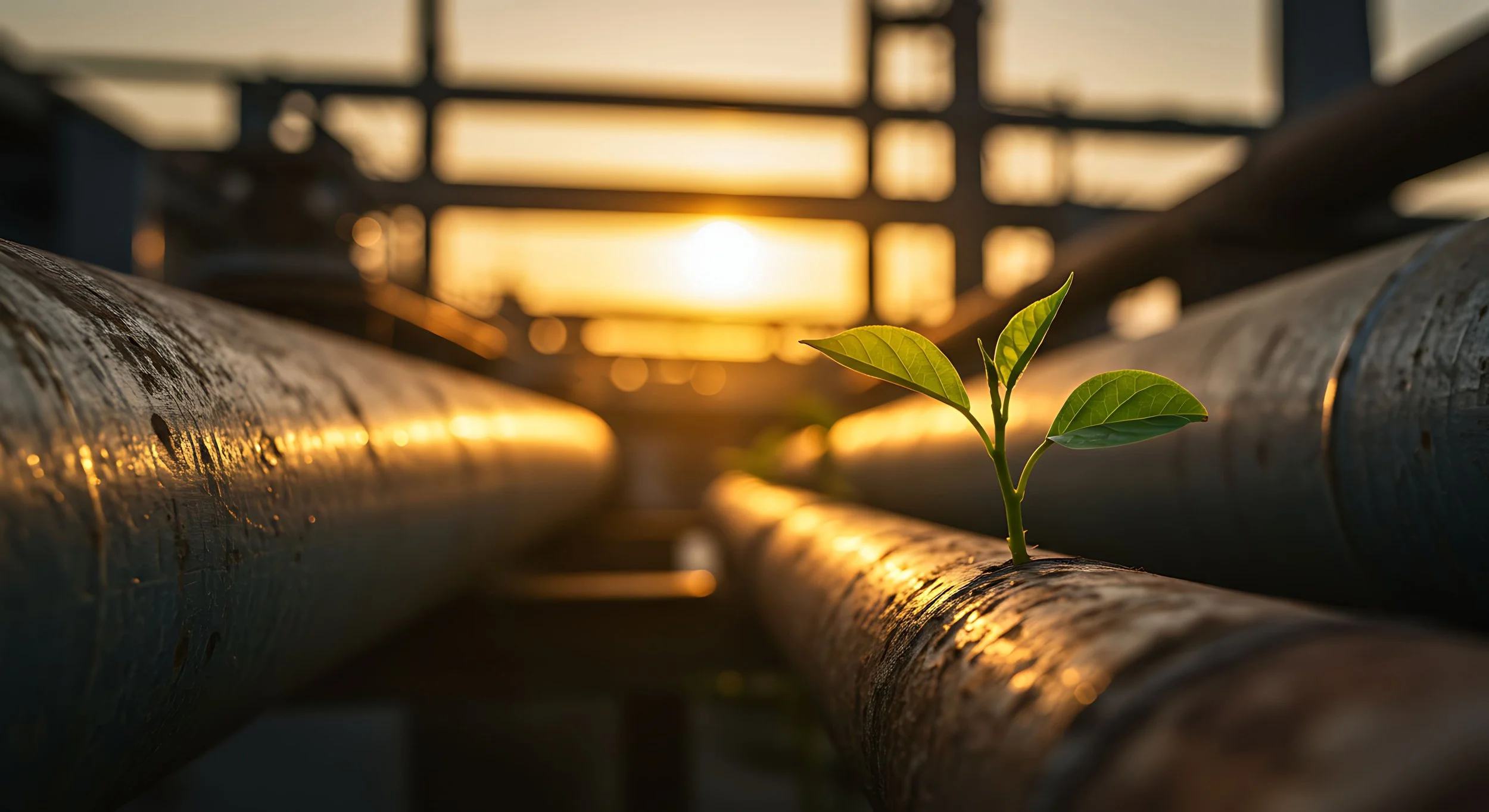 picture of pipes with a small green plant growing