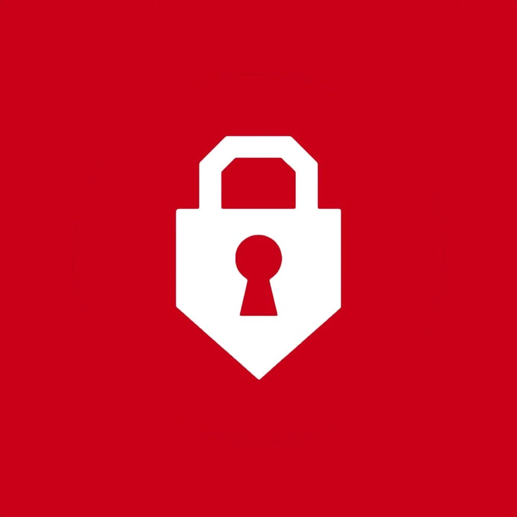 Red background with a white lock icon in the center.