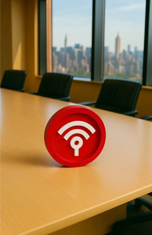 Red and white Wi-Fi icon on a table in an office conference room with city skyline in the background.