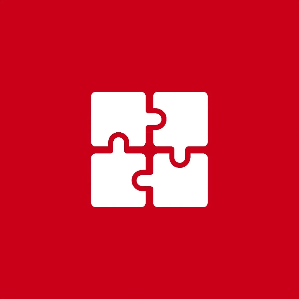 Four white jig shaw puzzle pieces connecting on a red background.