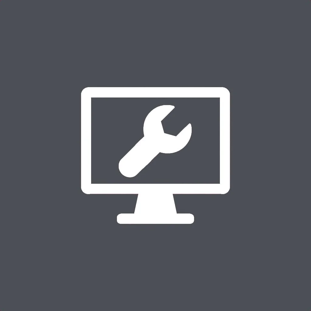 Computer monitor with a wrench icon indicating technical support or repair.