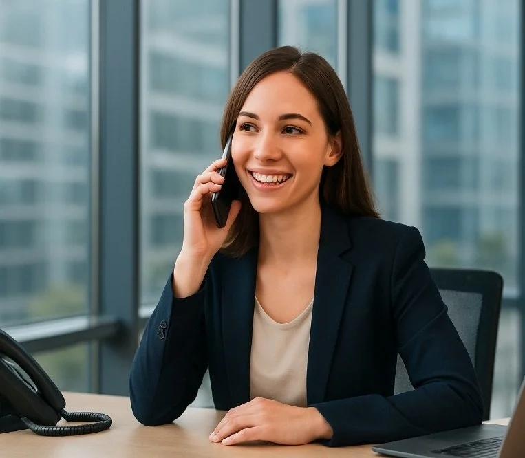 Woman in business attire talking on a cell phone in an office with large windows and cityscape view.