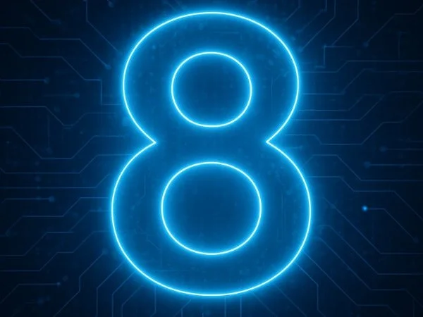 A glowing blue digital number 8 against a dark circuit board background.