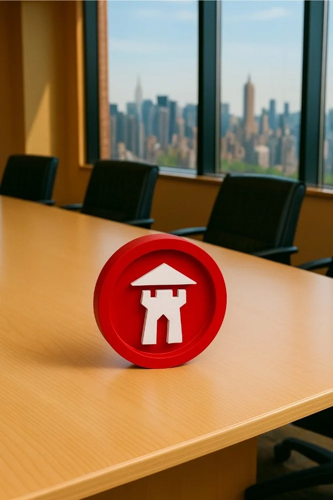 A red circular sign with a white castle tower symbol on a conference table in a high-rise office with large windows and a city skyline view.