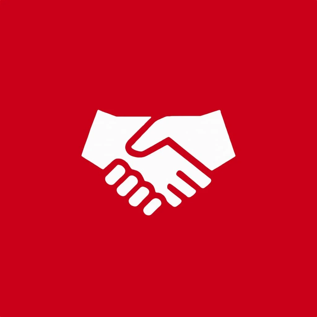 White handshake icon on red background representing agreement or partnership.