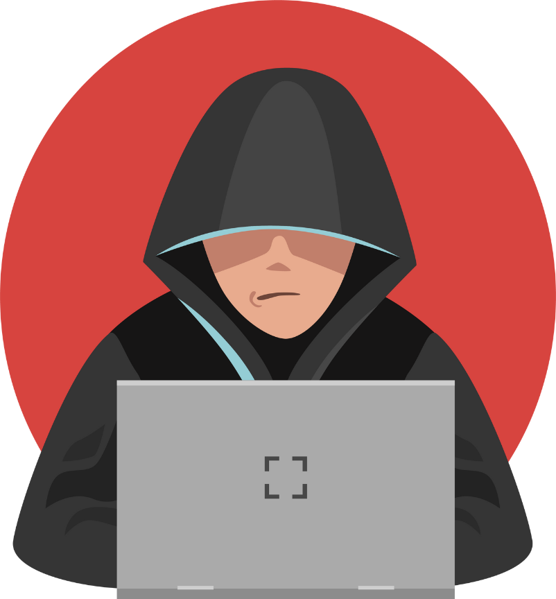 A hacker wearing a black hoodie with the hood over their head, sitting in front of a laptop against a red background.