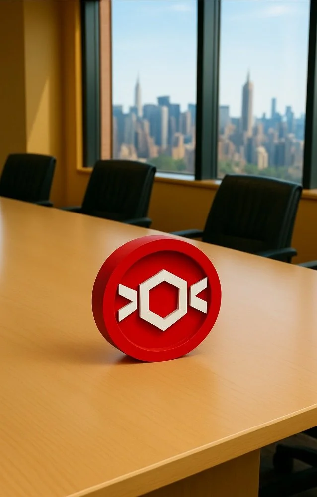 A red and white logo symbolising a core, sitting on a table in a conference room with black chairs and a city skyline view through large windows.