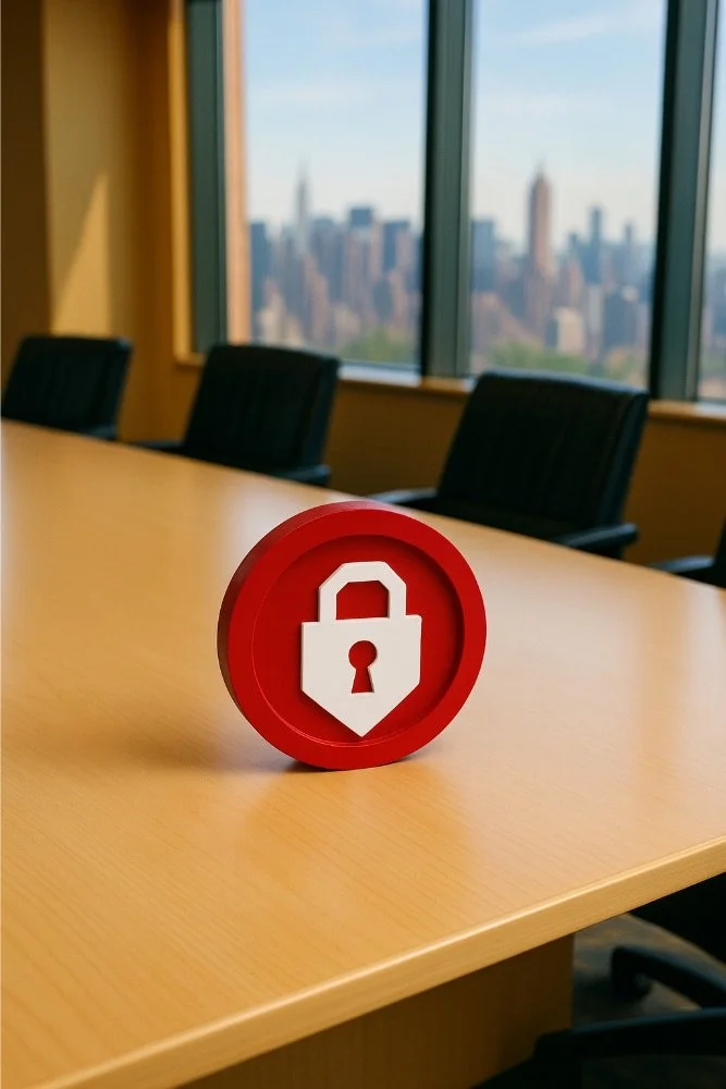 A red circular sign with a white padlock and keyhole symbol on a conference table in a high-rise office, with cityscape views through large windows in the background.