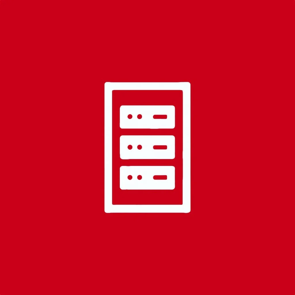 Icon of a server rack on a red background.