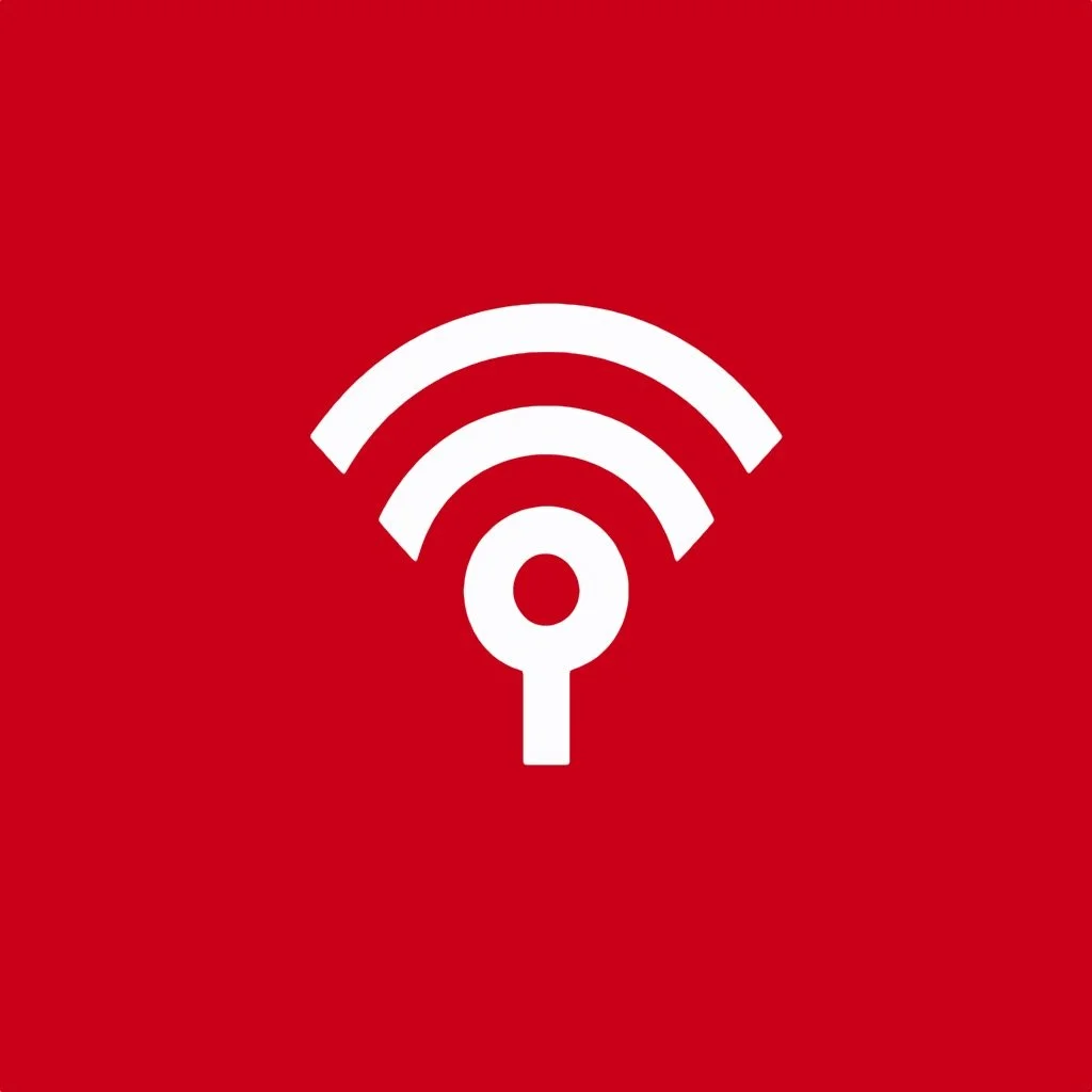 White Wi-Fi style symbol on a red background.