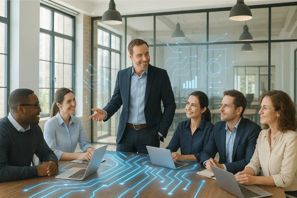 Business meeting in a modern conference room, with six professionals sitting around a table with laptops, engaging in discussion, digital graphs and technology icons overlayed in the background.