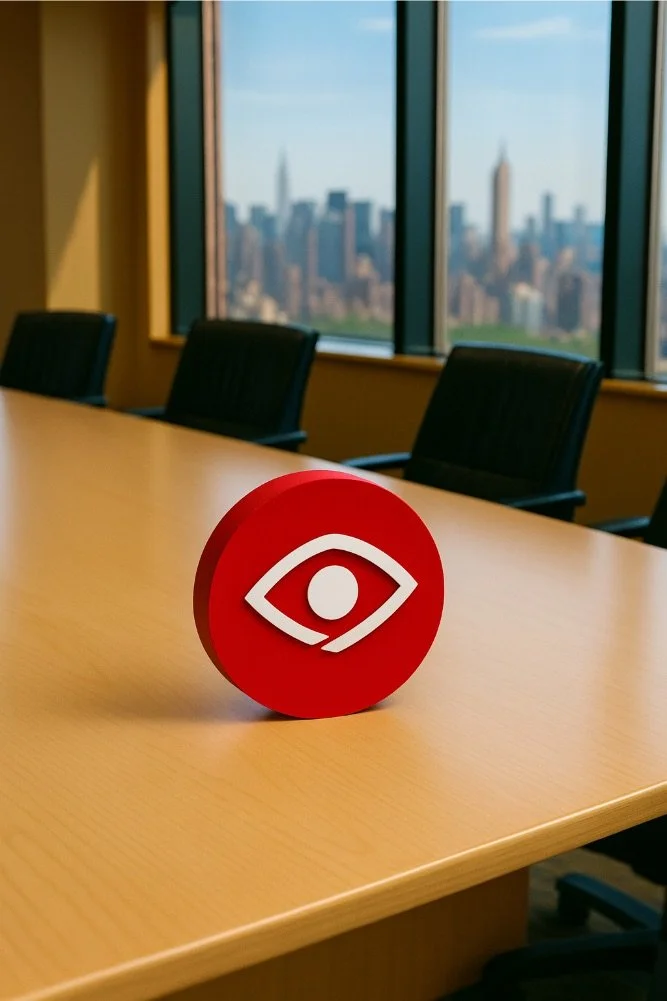 Red table sign with a white eye symbol in a conference room with large windows showing a city skyline.