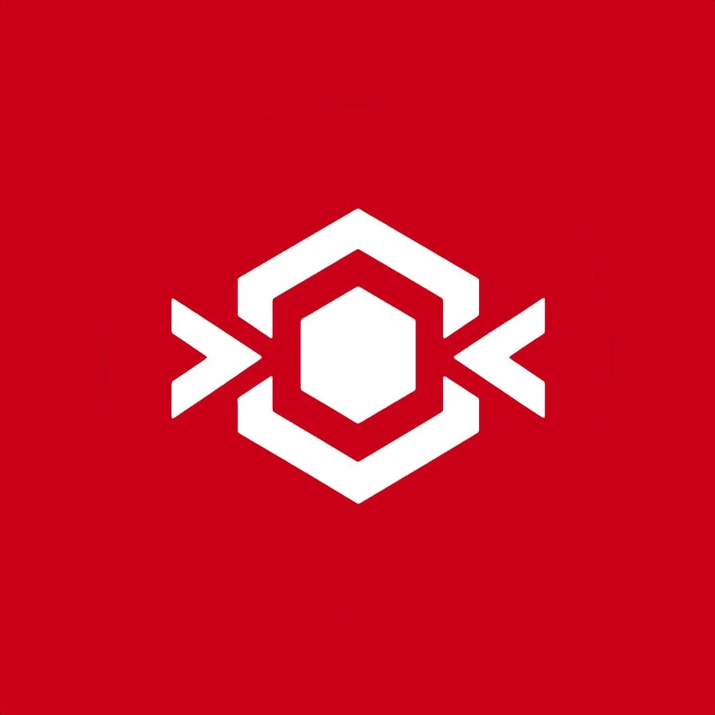 White geometric logo on a red background, featuring a central hexagon with surrounding angular shapes, symbolising a core.