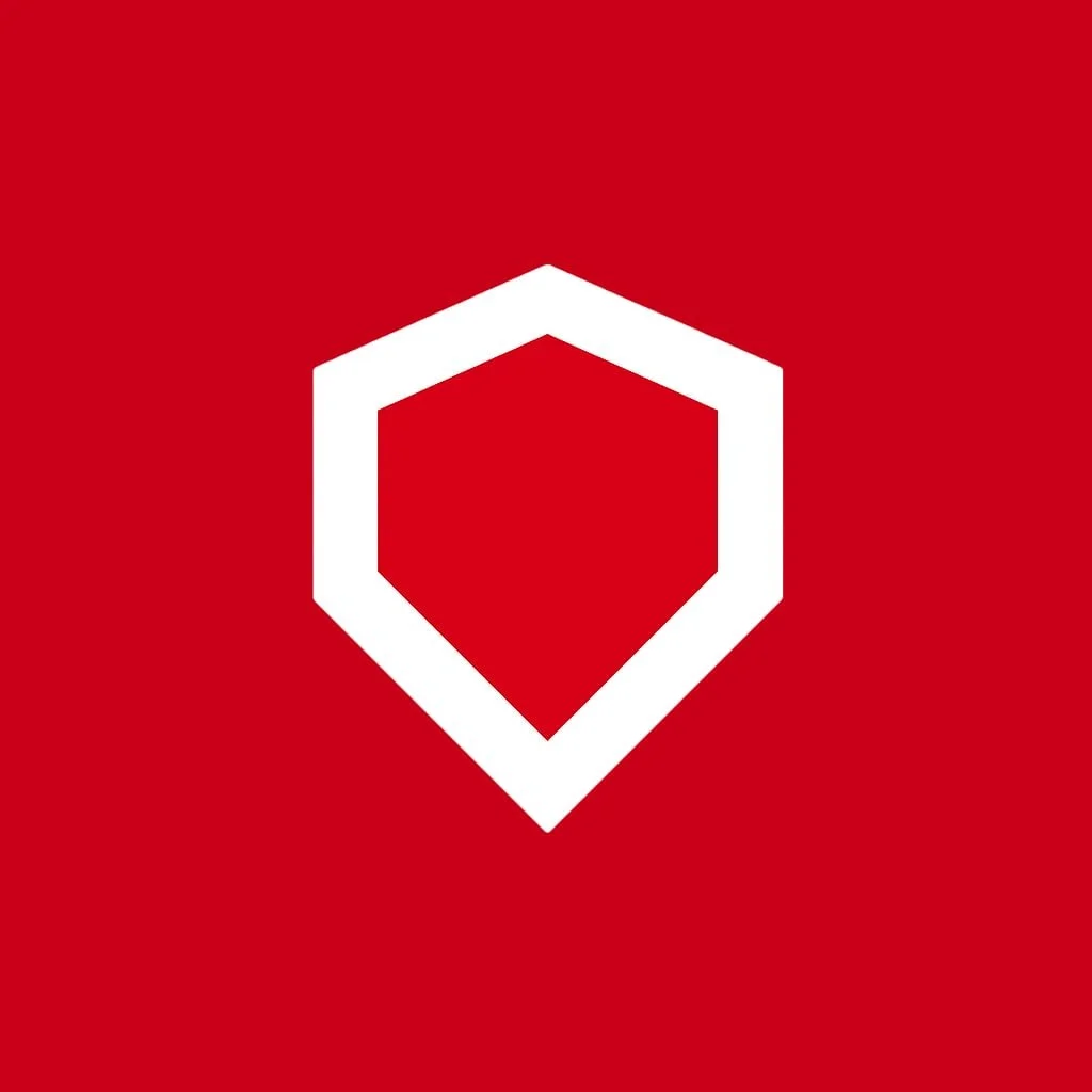 Red background with a white outlined shield in the center.