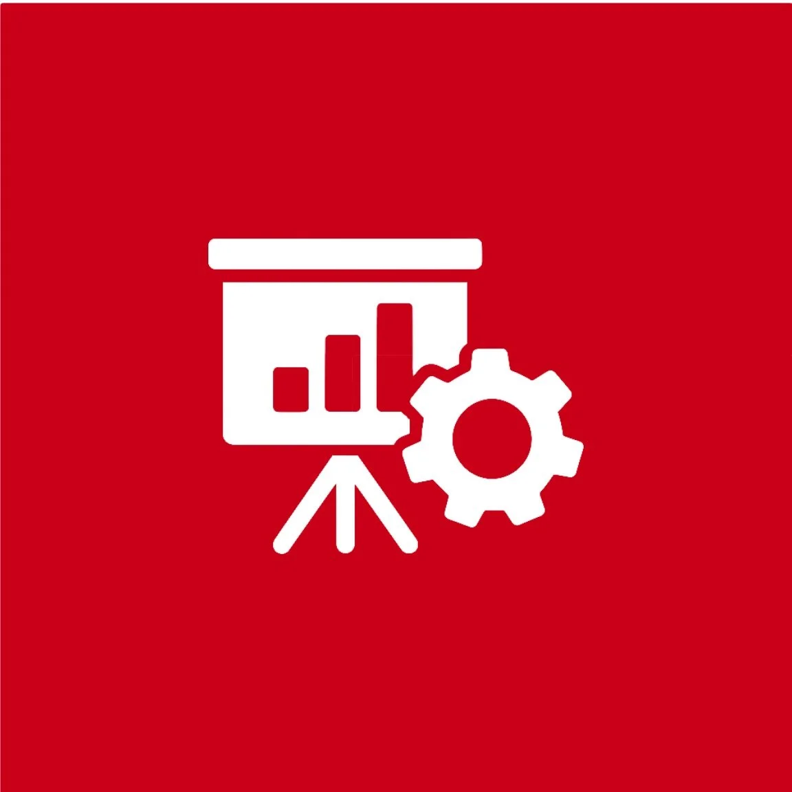 A presentation board with a bar graph and a gear icon, set against a red background.