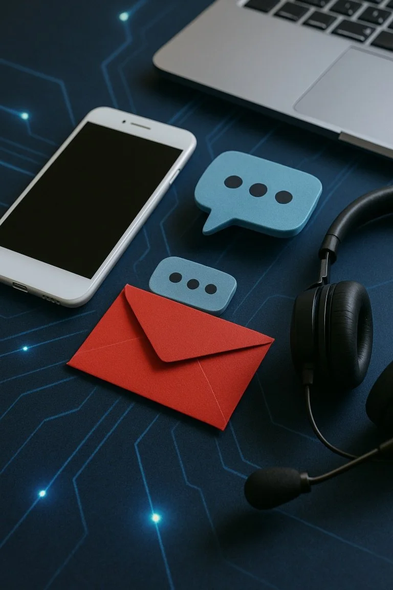 A smartphone, red envelope, microphone headset, and blue chat bubble icons on a dark digital-themed surface with blue glowing lines.