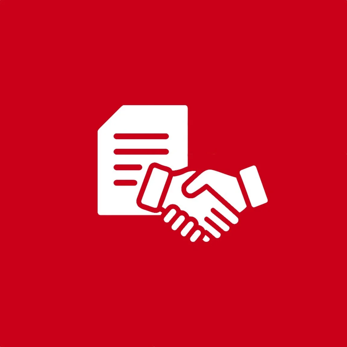 Icon of two hands shaking and a document on a red background.