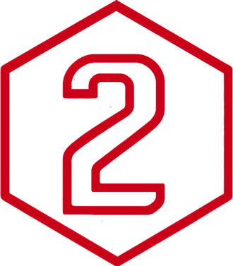 A black background with a red-outlined hexagon. Inside the hexagon is a large red number '2'.