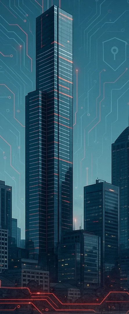 A futuristic cityscape with tall glass skyscrapers and digital circuitry overlays at night.