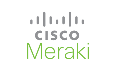 Cisco Meraki logo with black background, gray 'Cisco' text, and green 'Meraki' text.
