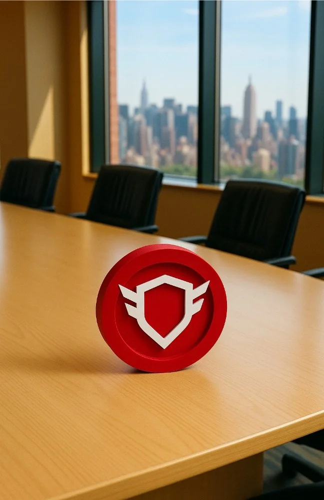 Red circular object with a shield and wings design on a wooden conference table in a room with large windows and city skyline view.